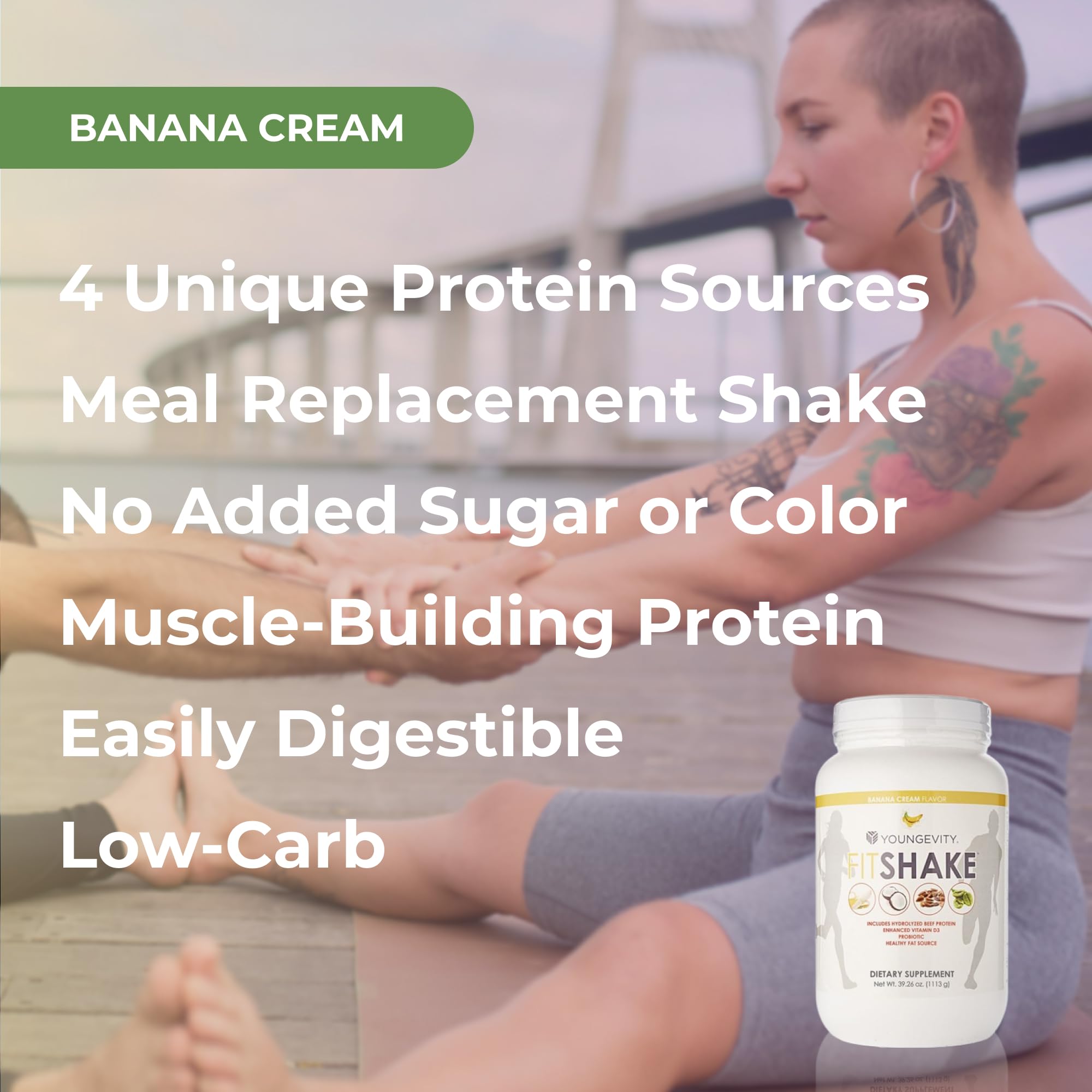 Youngevity FitShake Banana Cream mixing-stir demonstrates quick preparation.