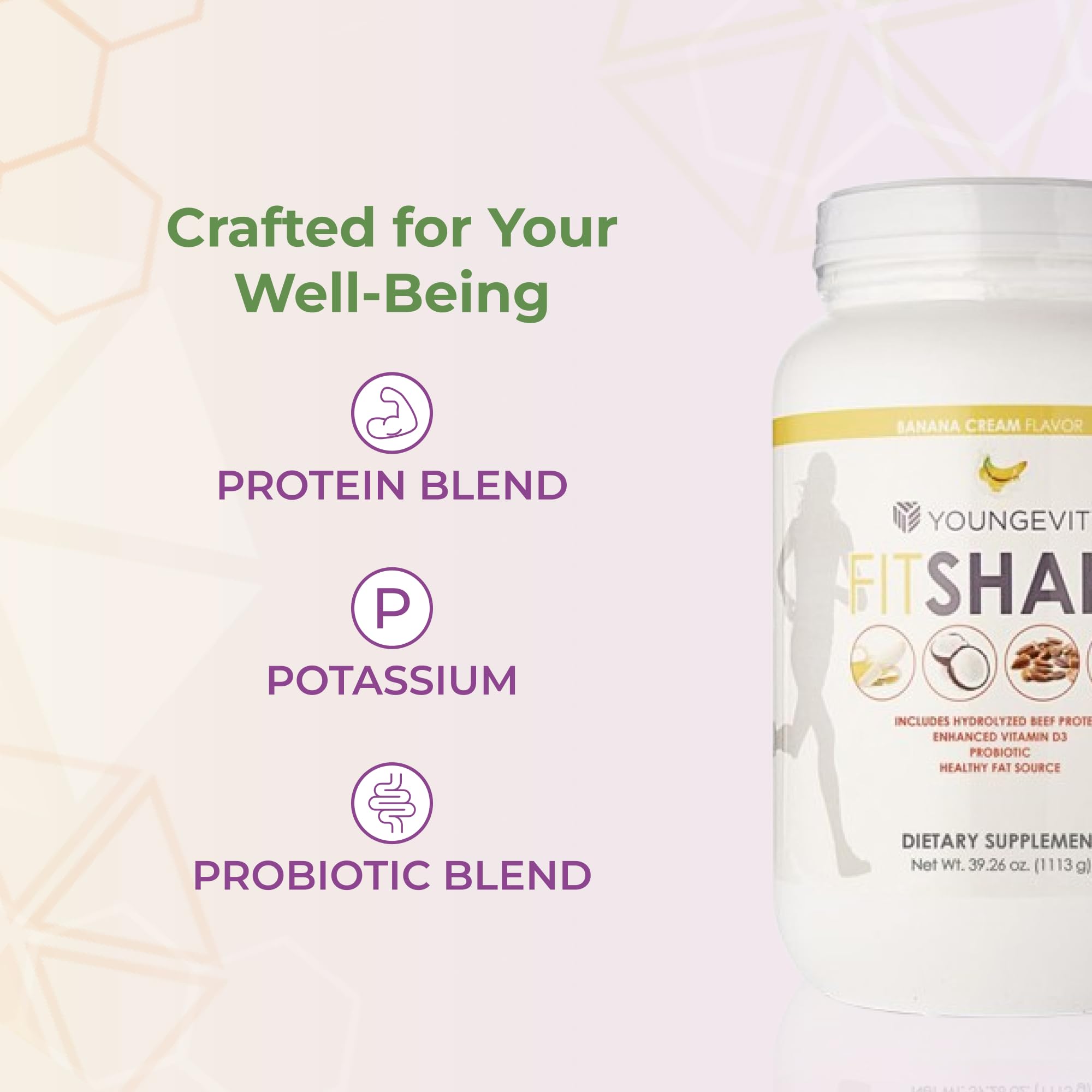 Youngevity FitShake Banana Cream nutrition facts close-up emphasizing protein and calories.