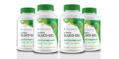 Youngevity Gluco-Gel bottle and capsules for joint health support.