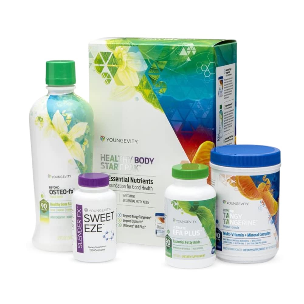 Youngevity Healthy Body Sweet Eze Pack on kitchen counter for a daily wellness routine.