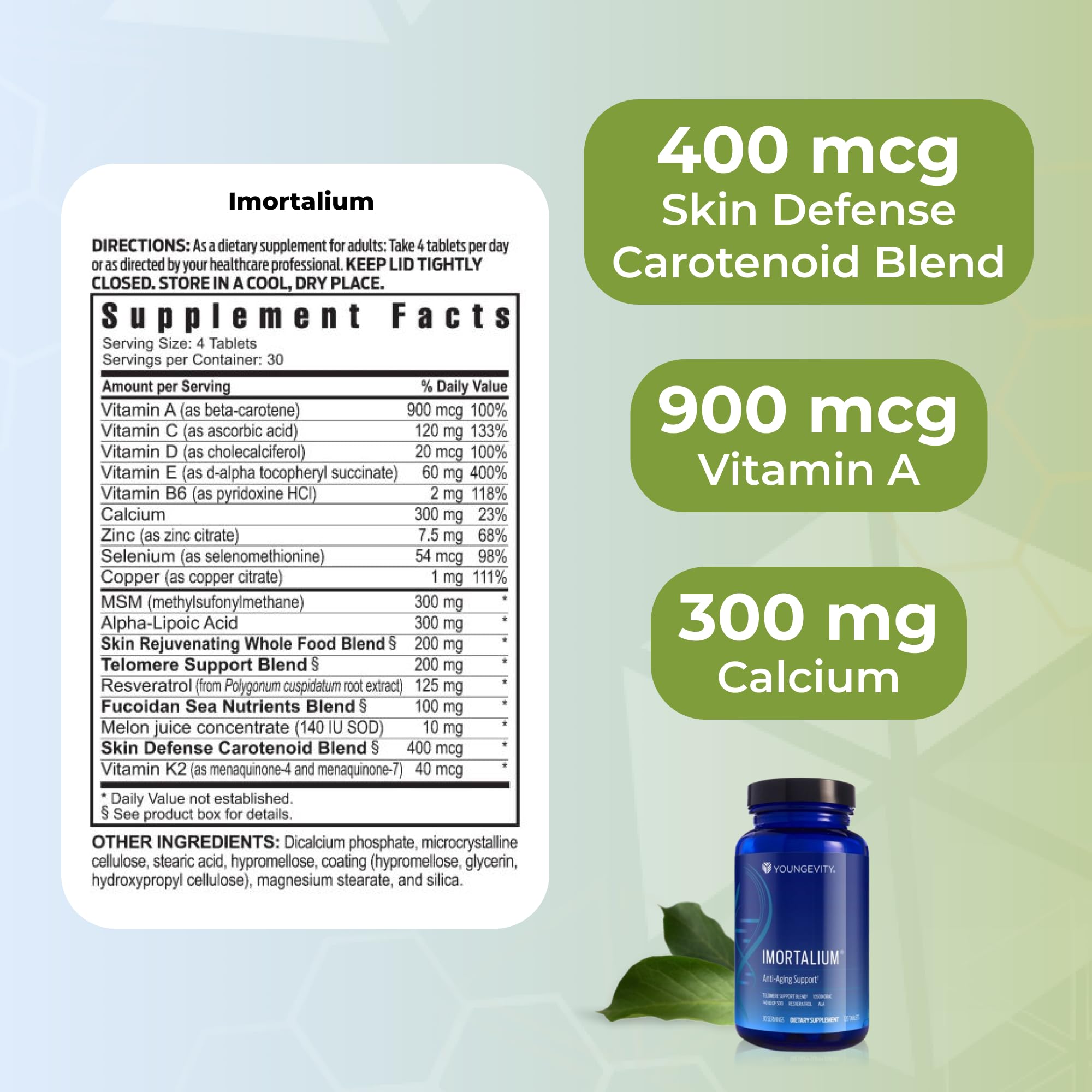 Youngevity Imortalium ingredient panel featuring fucoxanthin and carotenoids