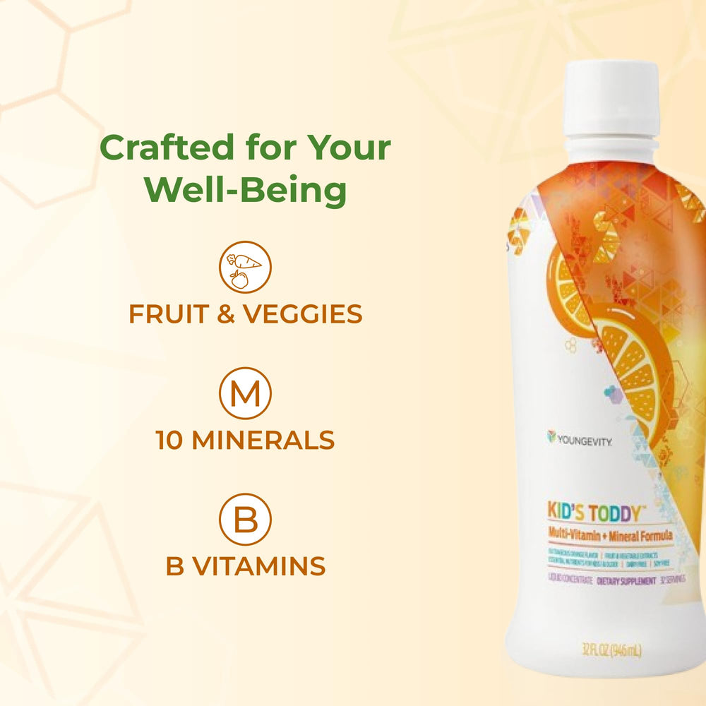 Youngevity Kid's Toddy nutrition graphic emphasizes immune support and growth nutrients
