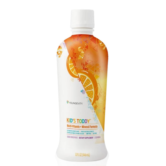 Youngevity Kids Toddy orange bottle shows a kid-friendly liquid with easy daily nutrition.