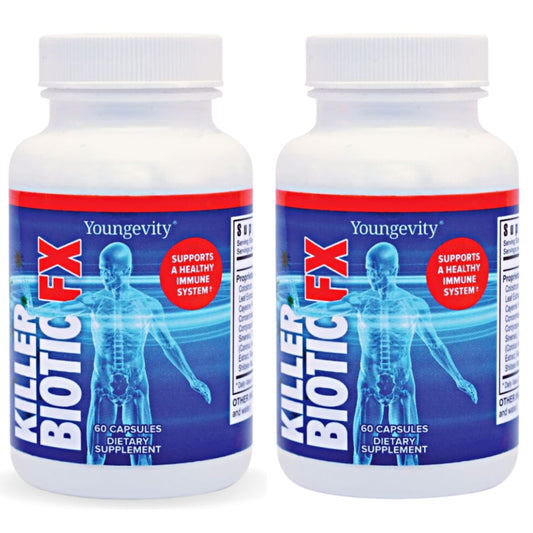 Youngevity Killer Biotic FX bottle front showing label and branding for natural immunity support