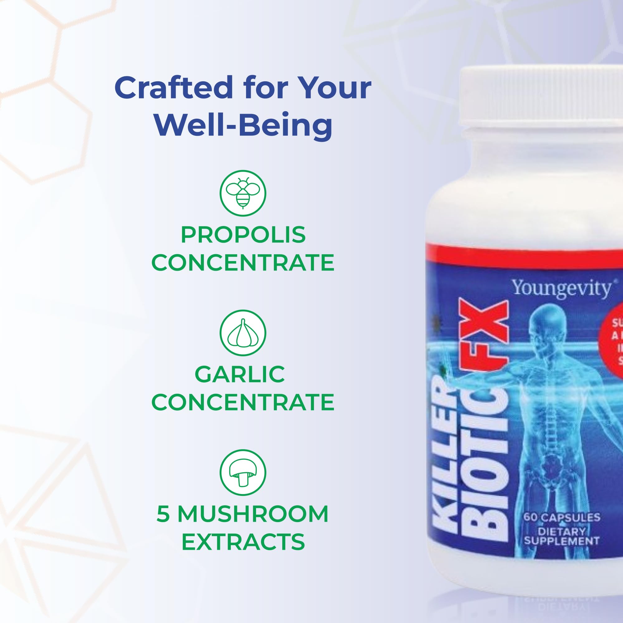 Youngevity Killer Biotic FX capsules close-up for easy daily dosing.