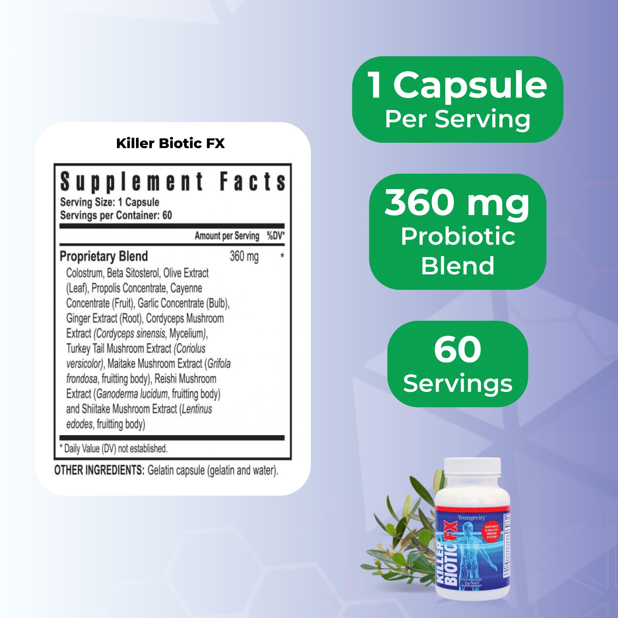 Youngevity Killer Biotic FX mushroom extracts highlight immune-enhancing potential.
