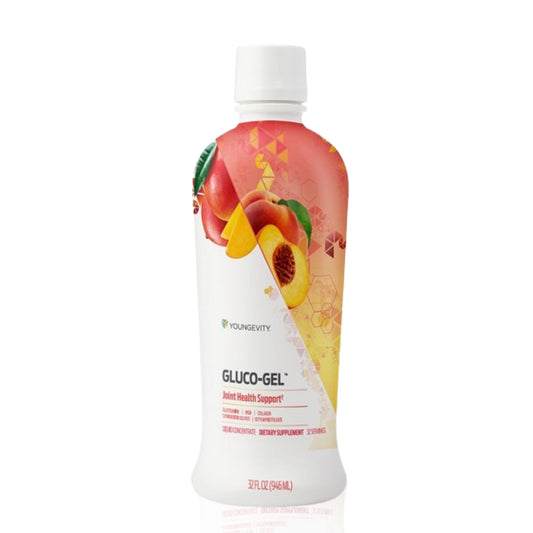 Youngevity Liquid GLUCO-Gel Majestic Earth bottle on a clean counter for daily use