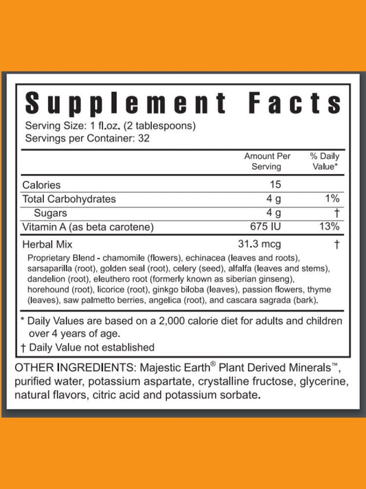 Close-up of Youngevity Majestic Earth bottle label highlighting gluten-free formula.