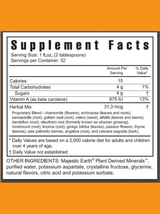 Youngevity Majestic Earth Herbal Rainforest pour shows mango-flavored liquid for easy daily dosing