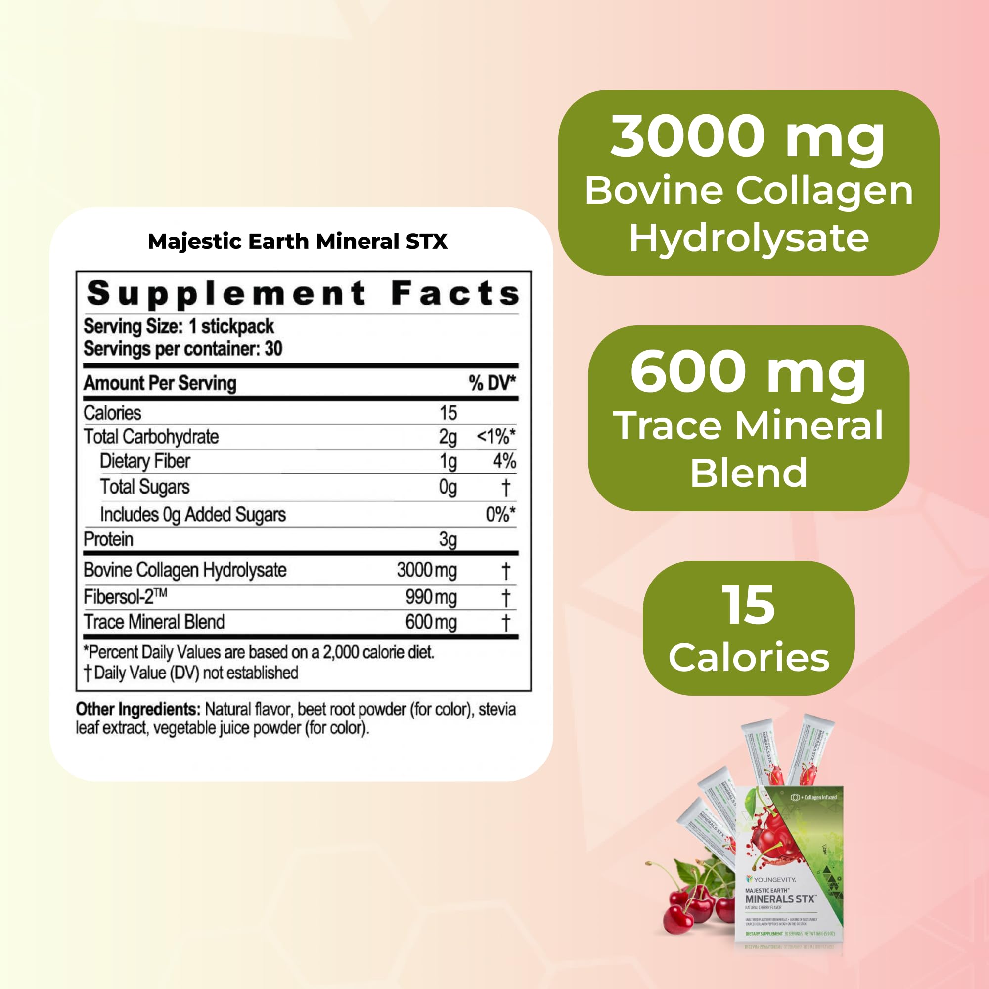 Youngevity Majestic Earth STX packaging showing minerals and collagen info.
