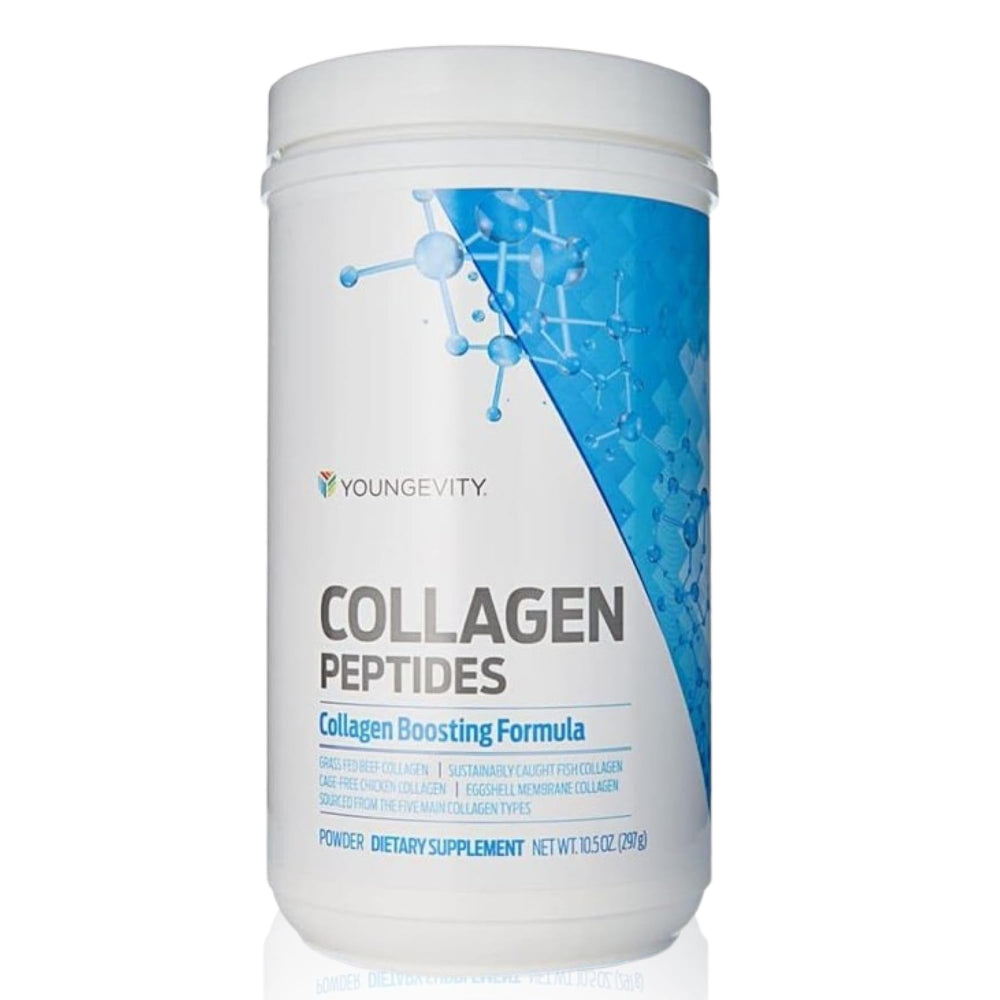 Youngevity Multi-Collagen powder tub showing the full product and label details for a daily beauty and wellness routine