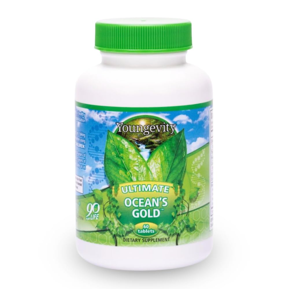 Youngevity Ocean's Gold bottle showing tablets for daily thyroid and heart support.