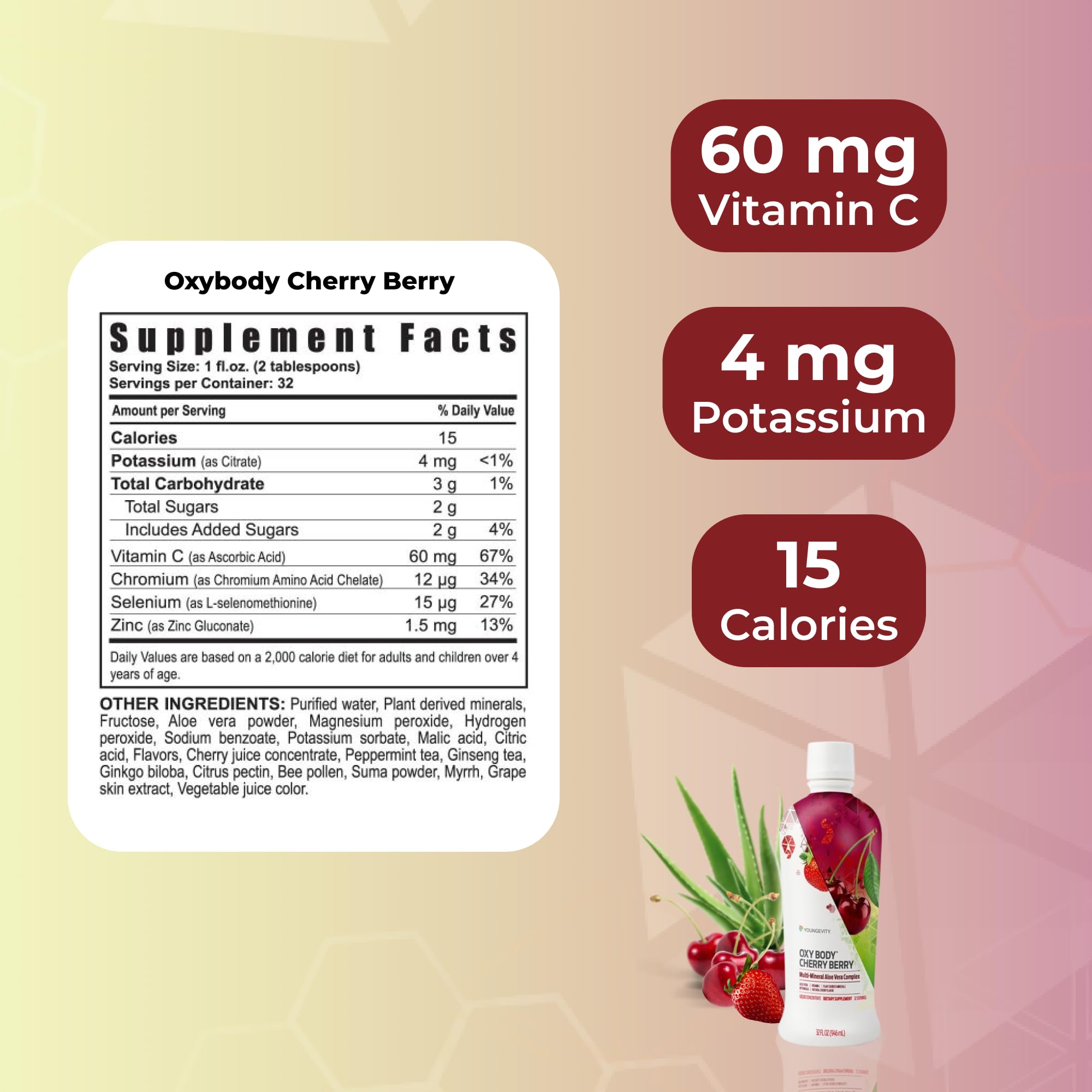 Close-up of Youngevity Oxybody Cherry Berry label highlighting minerals and vitamin C