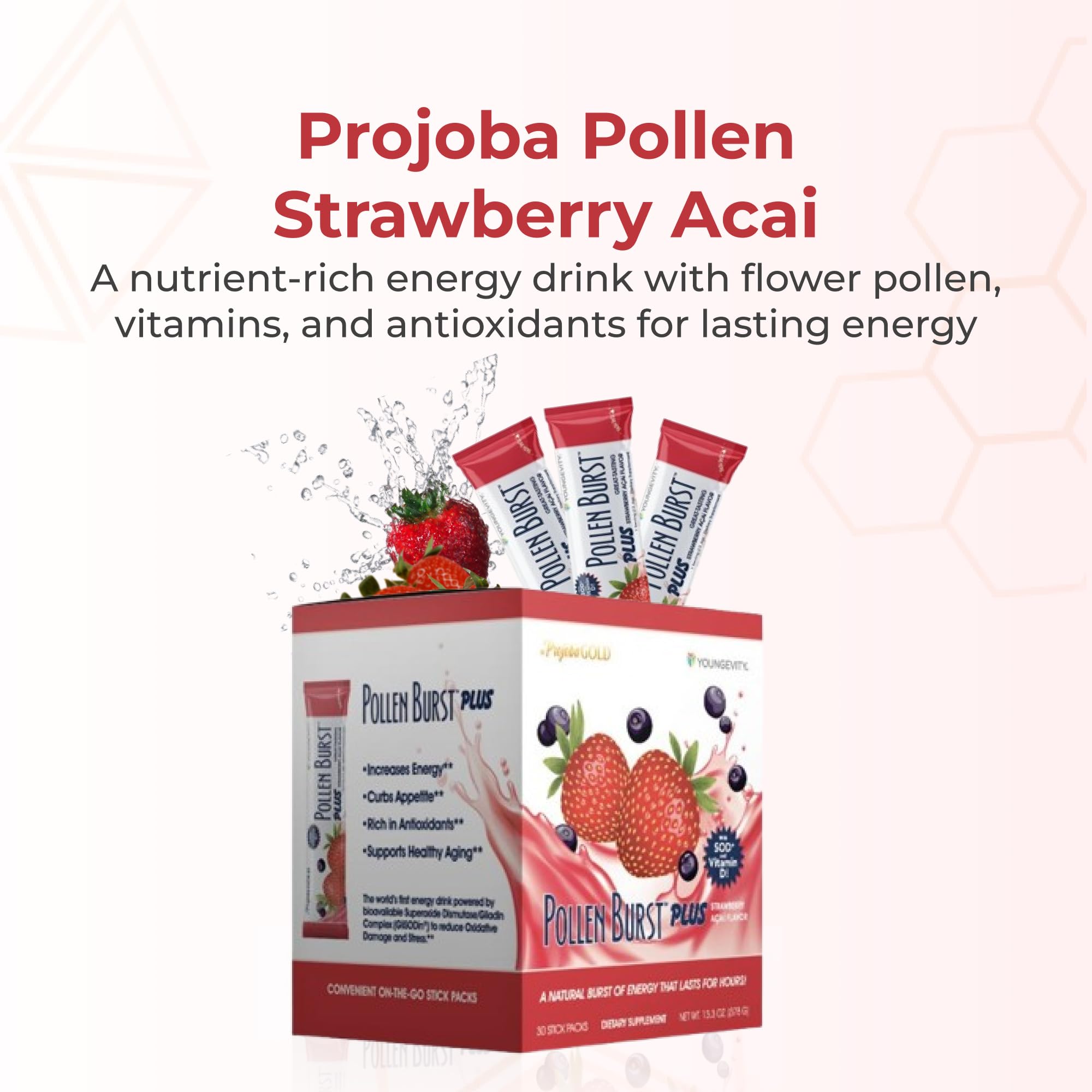 Close-up of Youngevity Pollen Burst label highlighting antioxidant blend and natural caffeine.