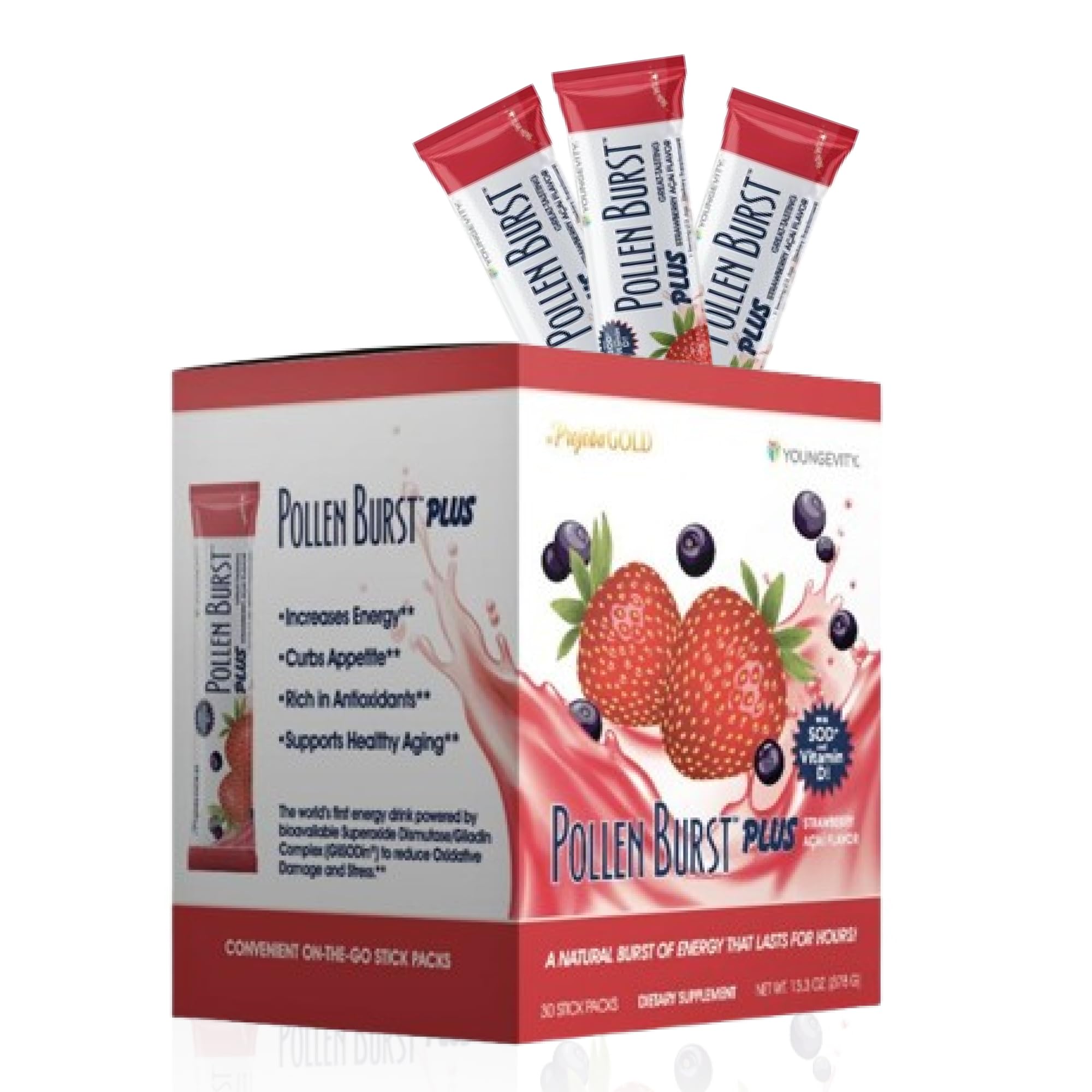 Youngevity Pollen Burst energy drink bottle with strawberry acai flavor for a refreshing boost.