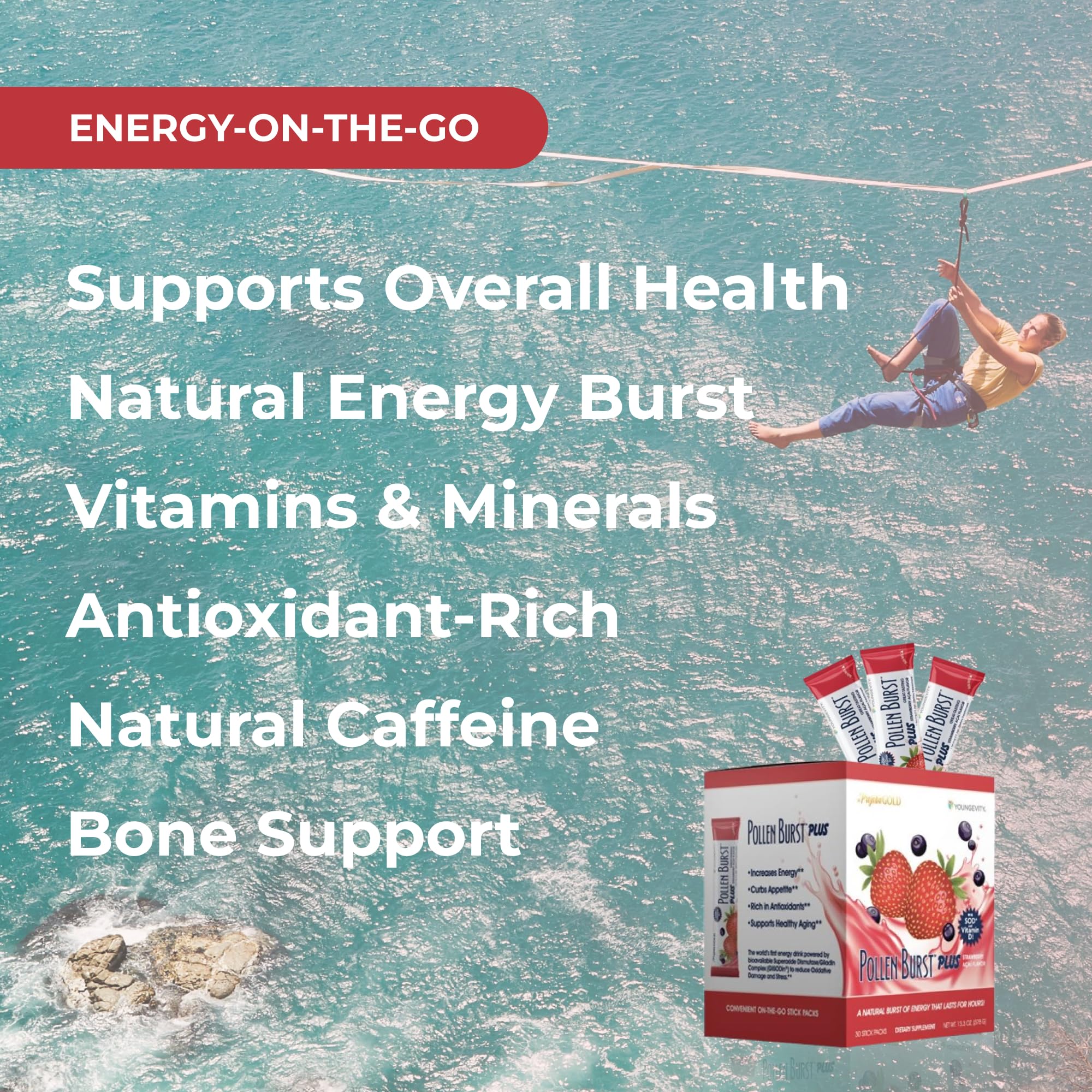 Youngevity Pollen Burst ingredients blend emphasizing pollen extract, SOD, and green tea.