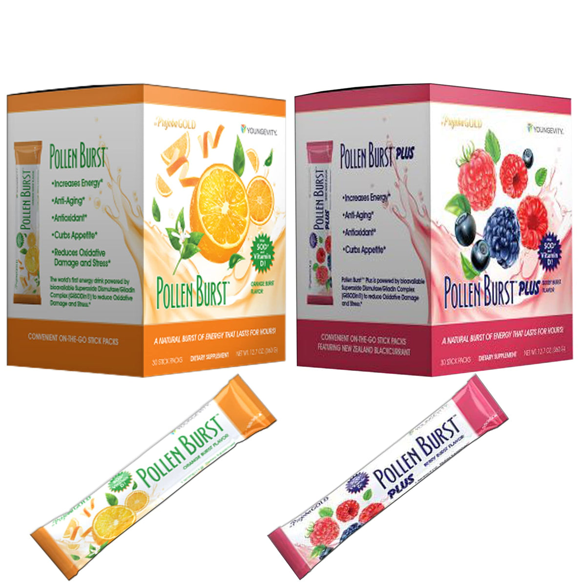 Youngevity Pollen Burst orange-berry flavor bottle offers a refreshing energy option for busy mornings.