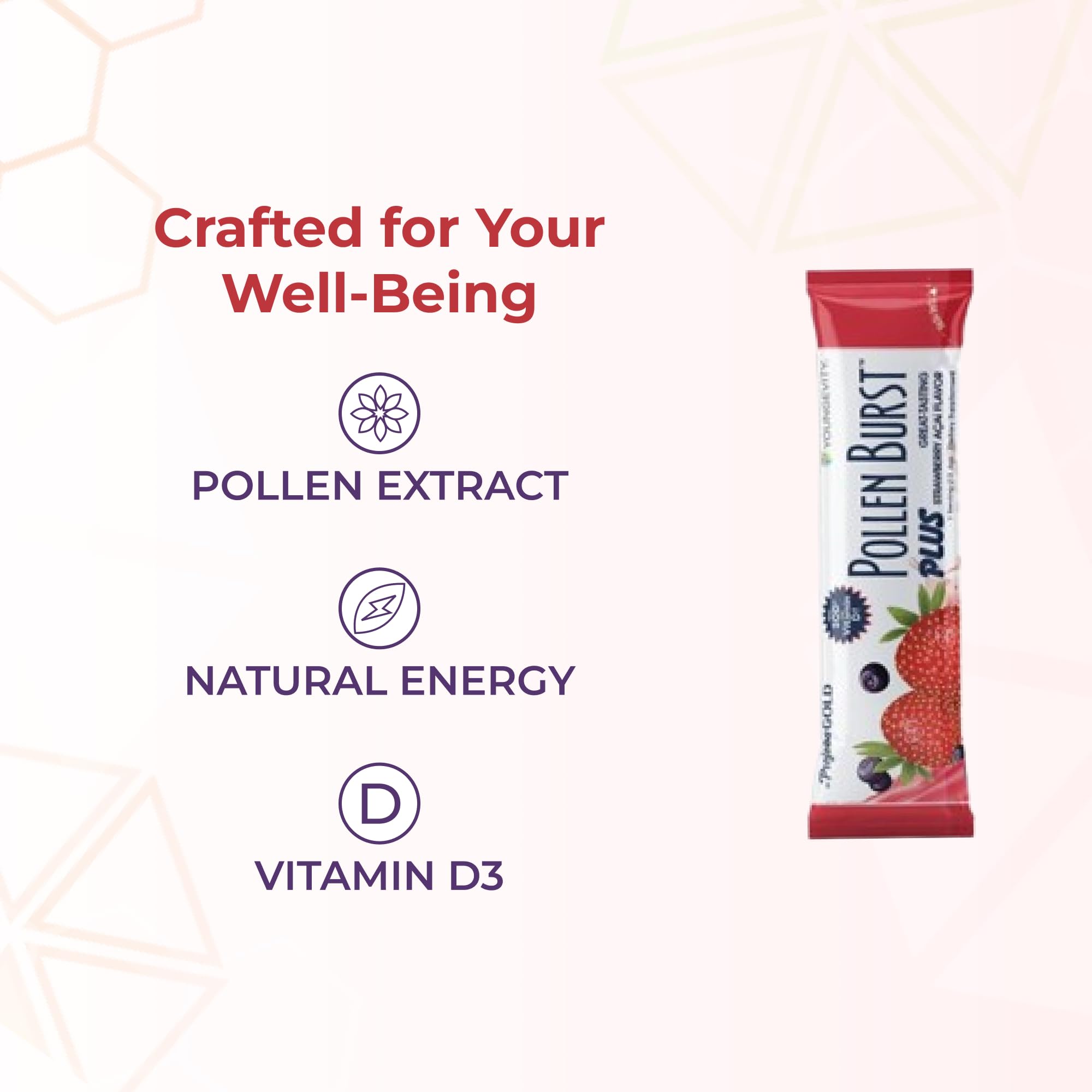 Packaging box of Youngevity Pollen Burst for convenient daily use.