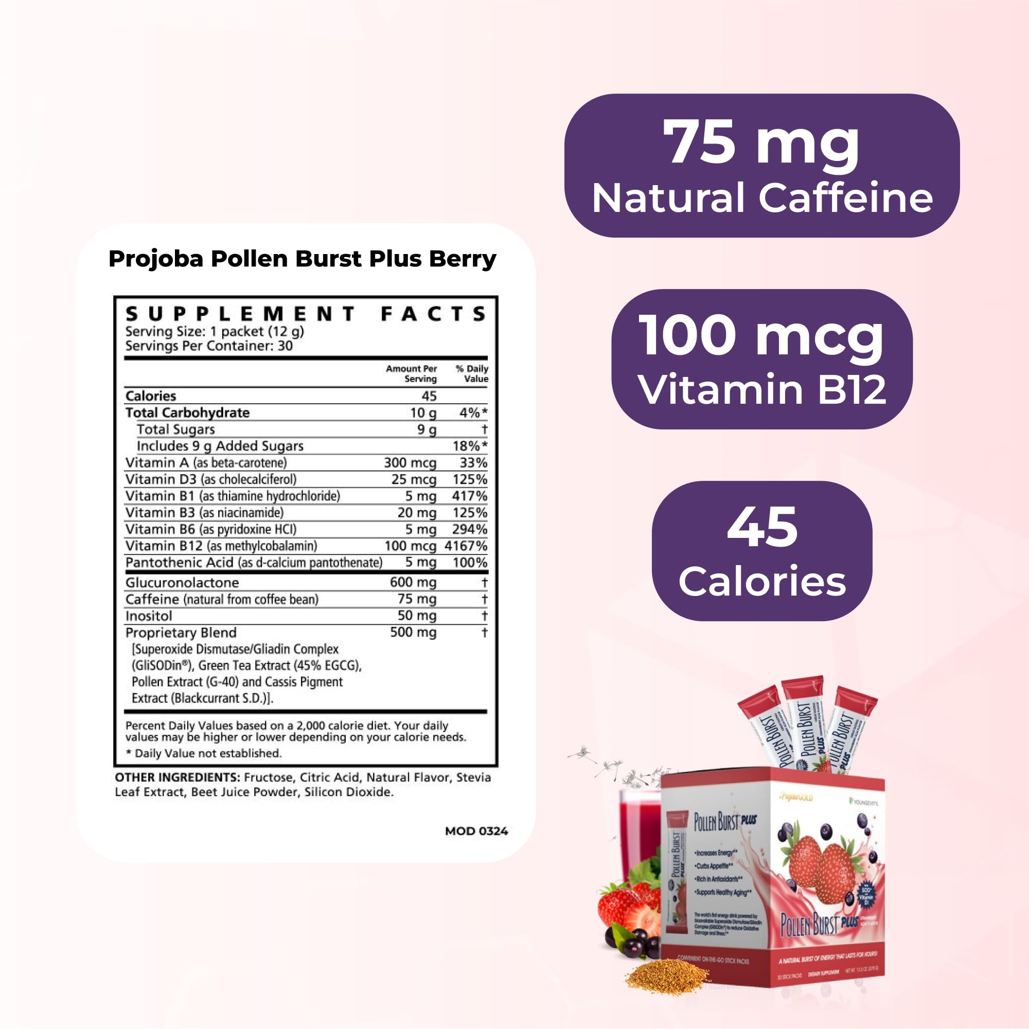 Glass of Strawberry Acai Pollen Burst showing fruity energy pick-me-up.