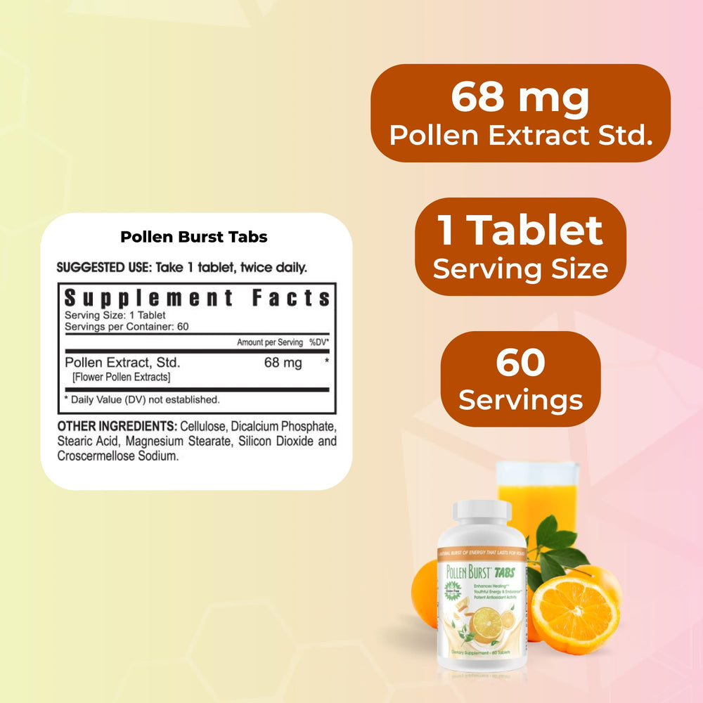 Packaging view of Youngevity Pollen Burst Tabs emphasizing hypoallergenic formula.
