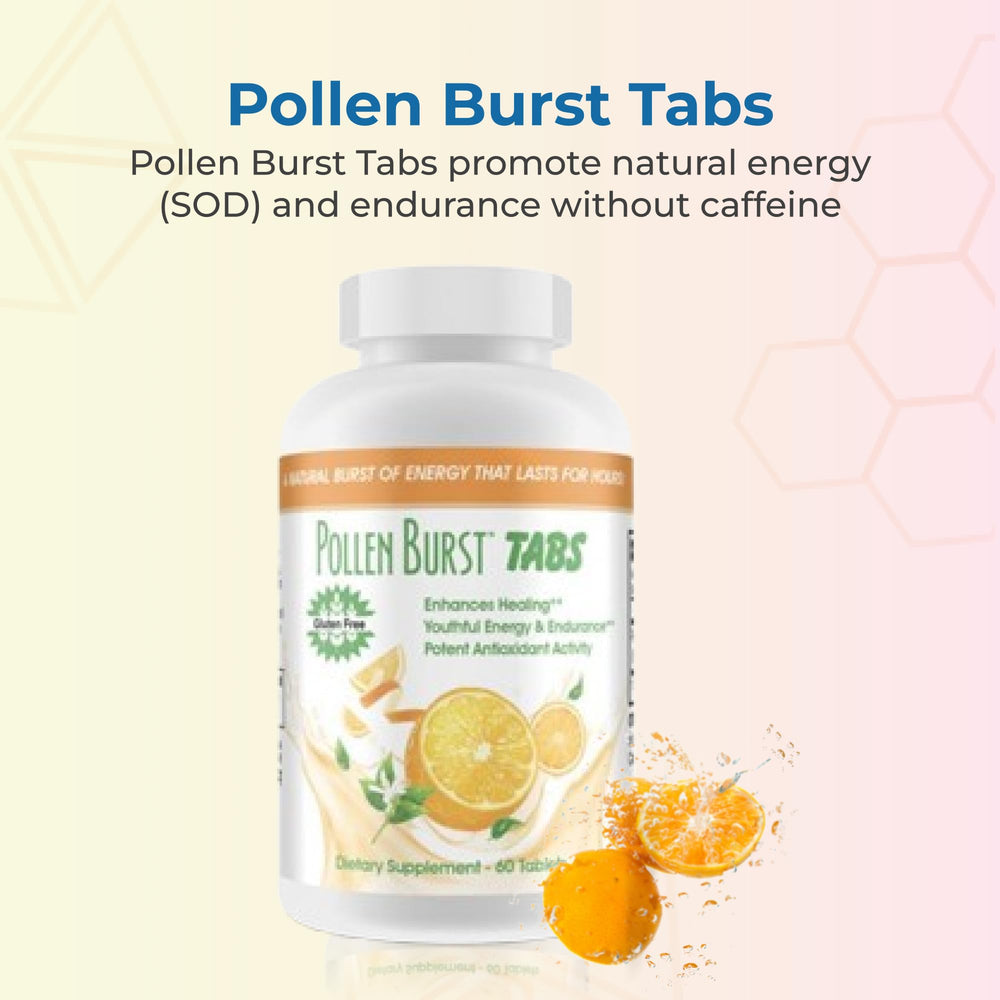 Close-up of Pollen Burst tablets highlighting organic pollen for natural energy support.