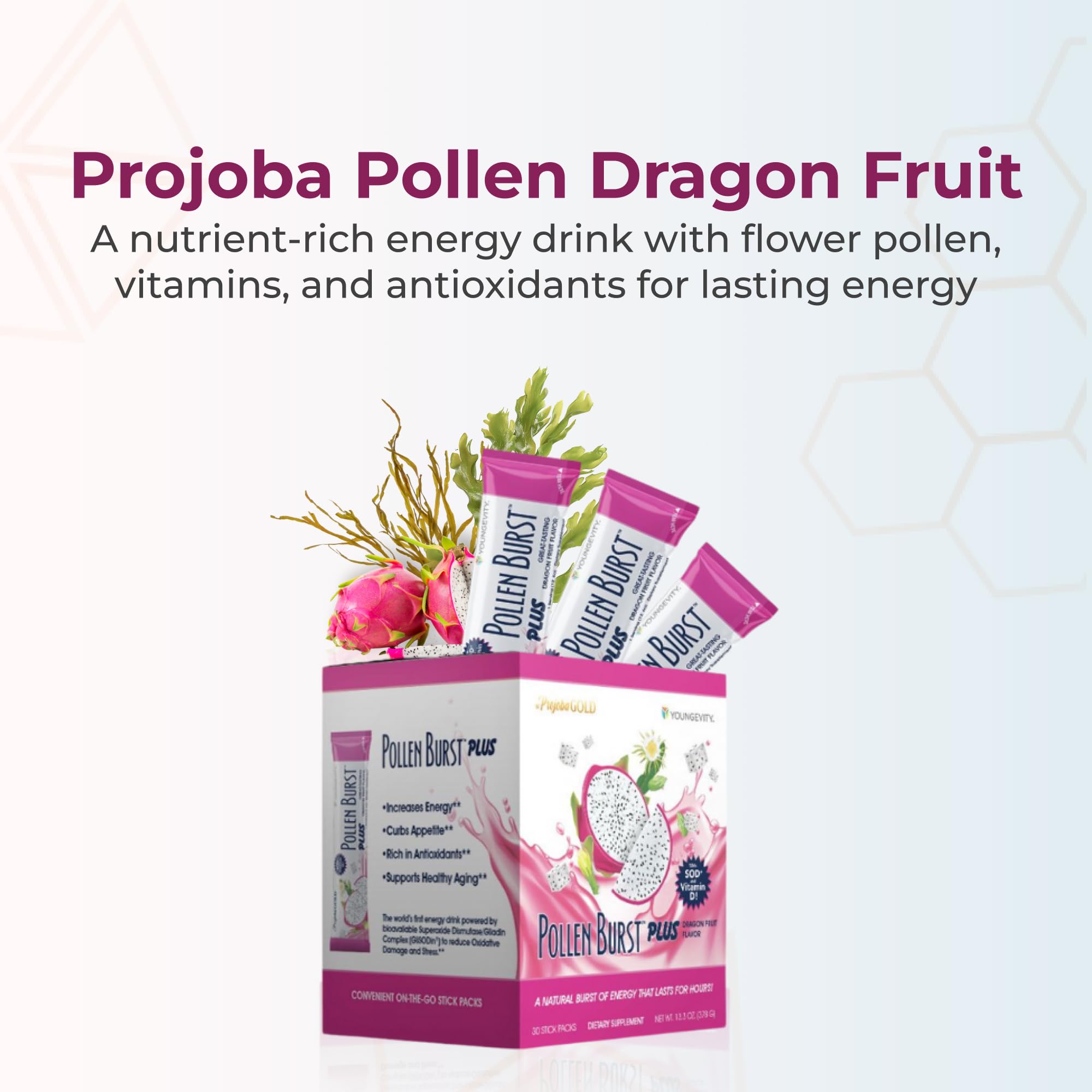 Youngevity ProJoba Pollen Burst with green tea boosts focus during busy days.