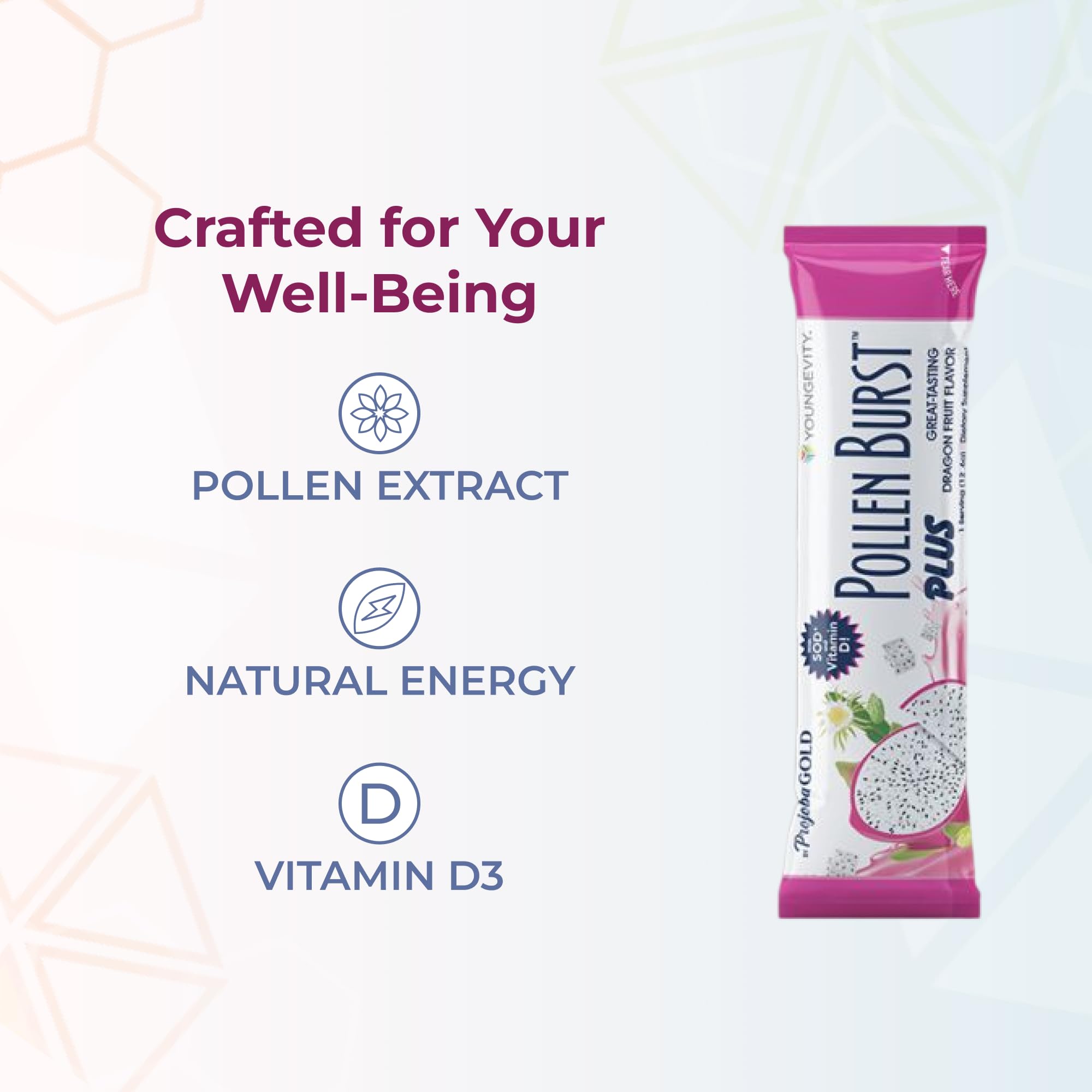 Youngevity ProJoba Pollen Burst steady energy without crashes for sustained activity.