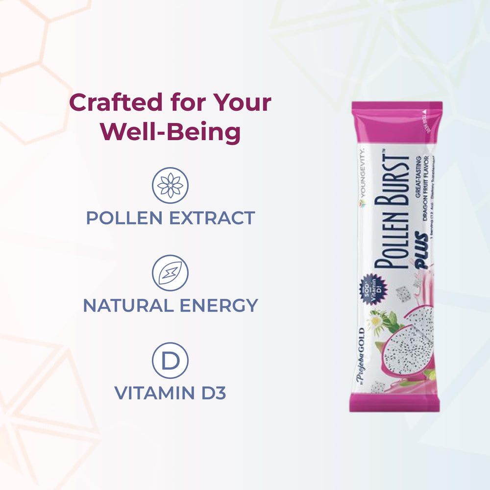 Youngevity ProJoba Pollen Burst steady energy without crashes for sustained activity.