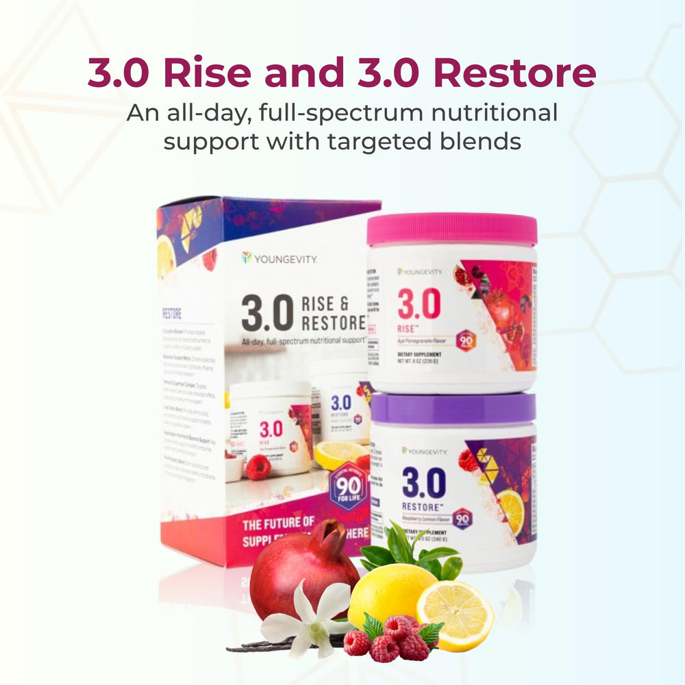 Youngevity Rise & Restore glass with prepared drink in vibrant color.