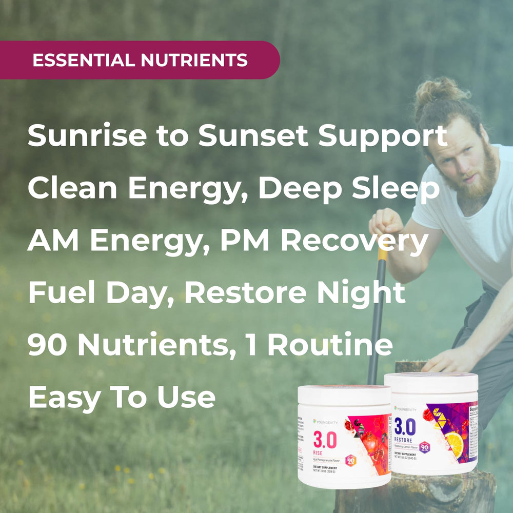 Close-up of Youngevity Rise & Restore label with ingredient highlights.