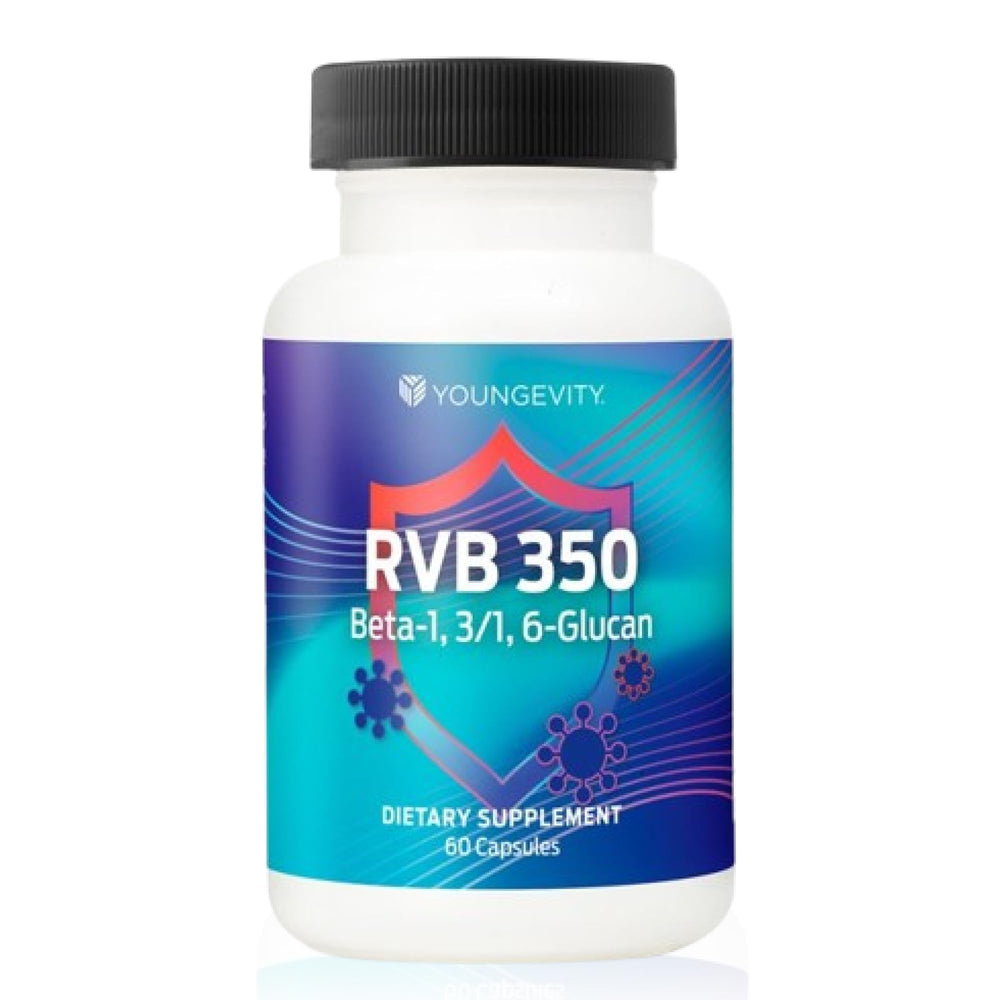 Youngevity RVB 350 bottle label with beta-glucan for immune support
