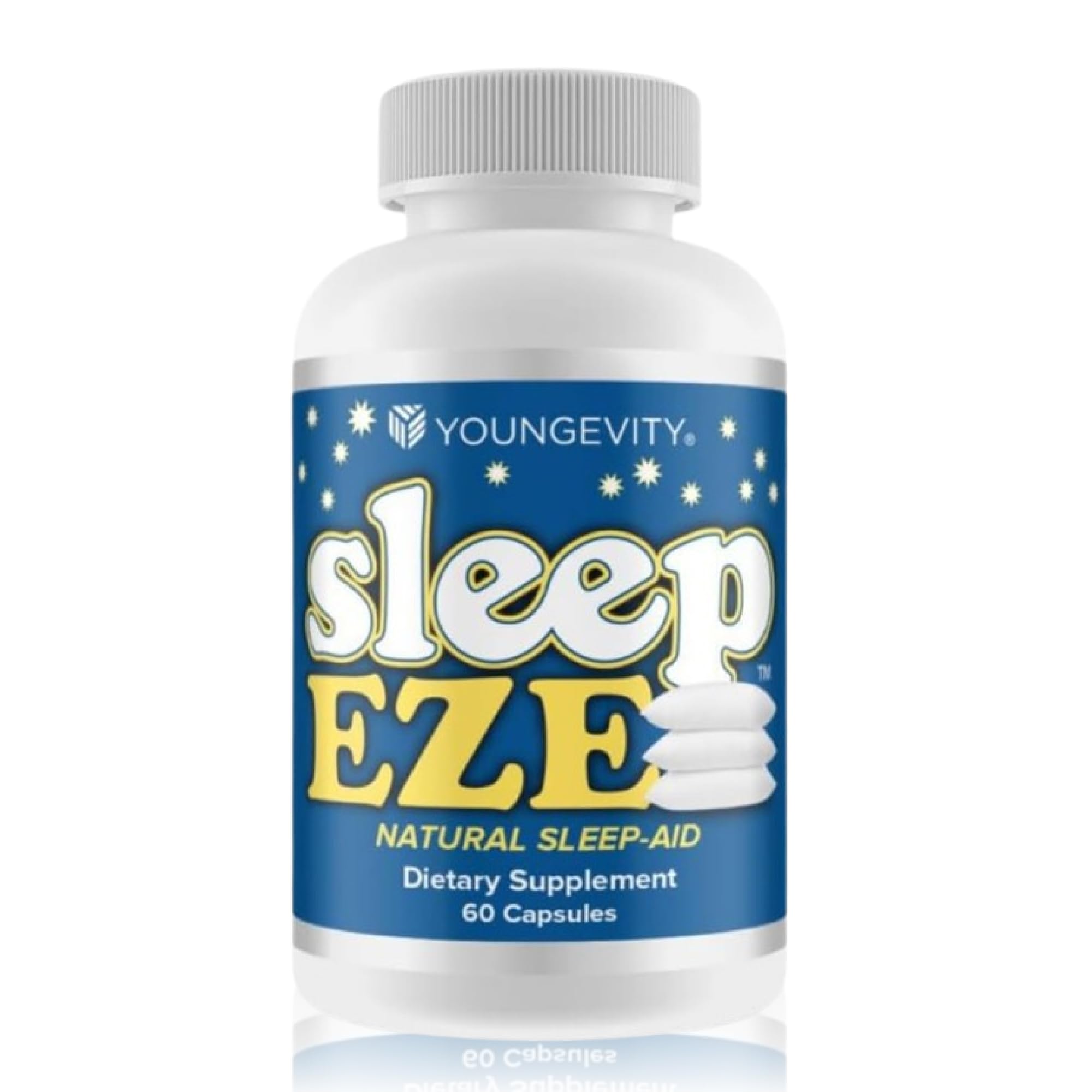 Youngevity Sleep Eze bottle on nightstand promotes calming routine for restful evenings.