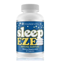 Youngevity Sleep Eze bottle on nightstand promotes calming routine for restful evenings.