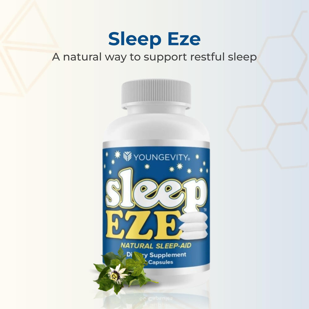 Youngevity Sleep Eze capsules shown as a convenient nightly ritual.