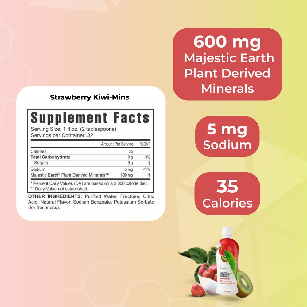 Youngevity Strawberry Kiwi-Mins label close-up highlighting natural humic shale minerals.