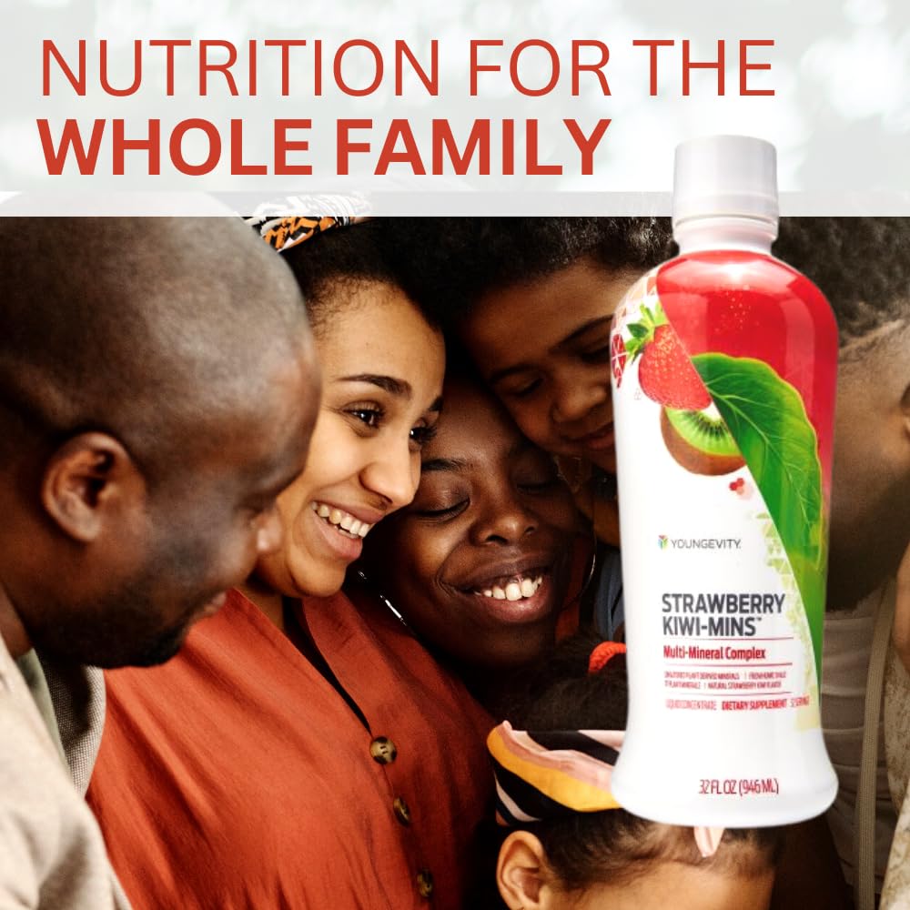 Youngevity Strawberry Kiwi-Mins label closeup highlights mineral source from humic shale.