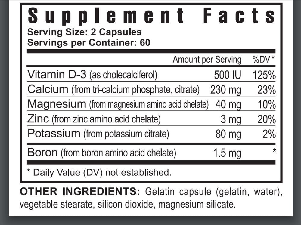 Youngevity Ultimate CAL bottle label detailing co-factors like vitamin D-3 and boron for absorption.