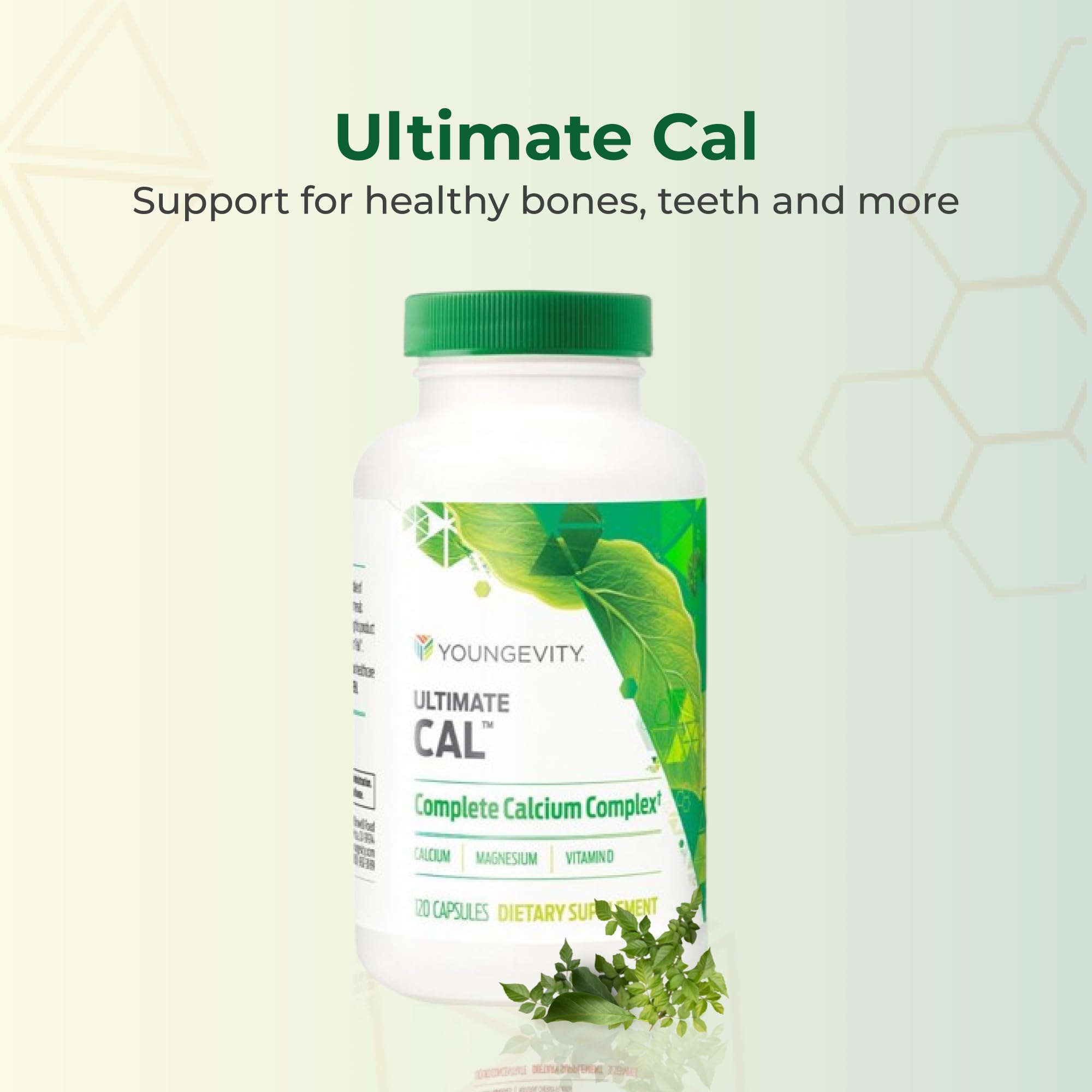 Close-up of Youngevity Ultimate CAL capsules with co-factors for absorption