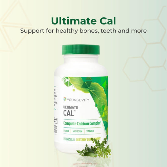 Close-up of Youngevity Ultimate CAL capsules with co-factors for absorption