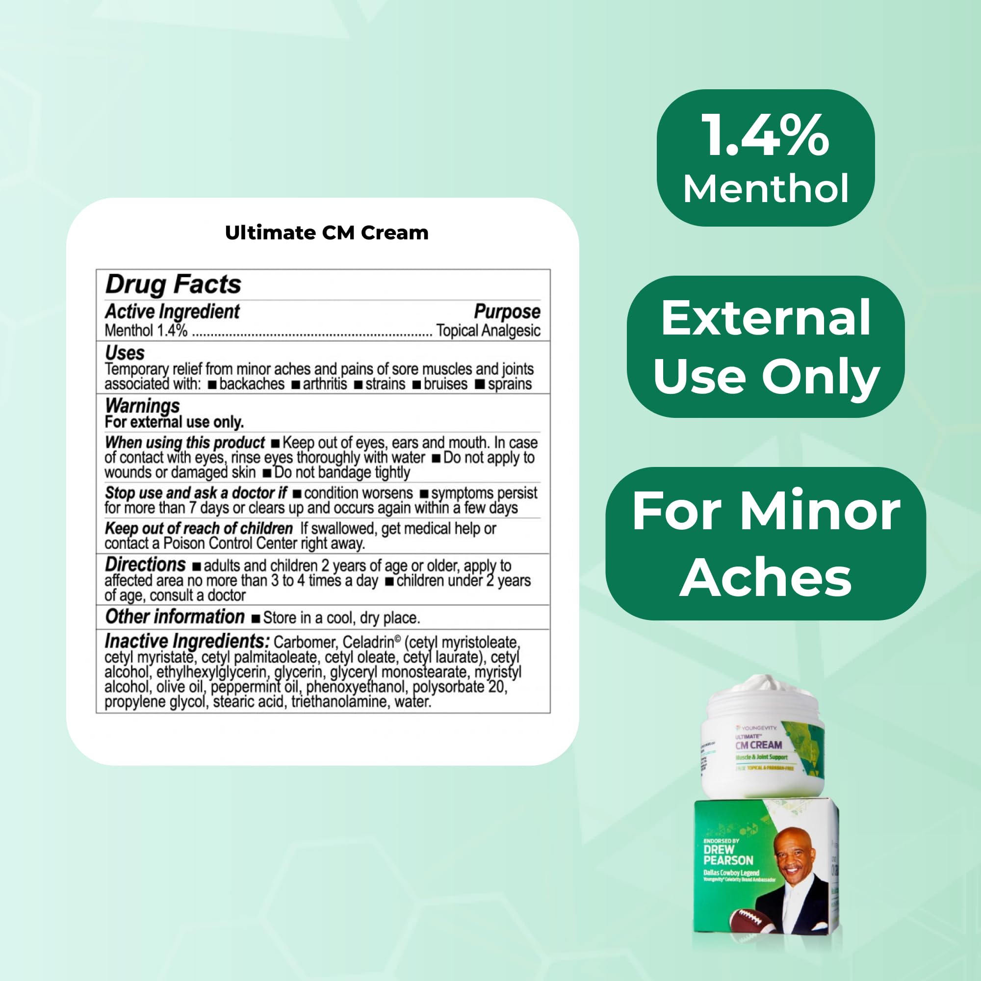 Close-up of Youngevity Ultimate CM Cream label highlighting menthol.