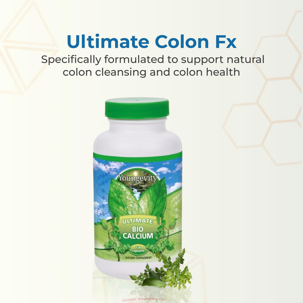 Youngevity Ultimate Colon FX capsules close-up, plant-based ingredients support digestion.