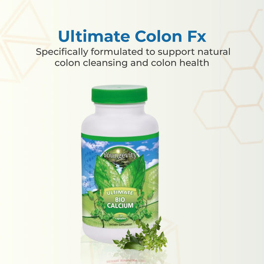 Youngevity Ultimate Colon FX capsules close-up, plant-based ingredients support digestion.