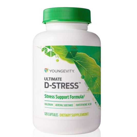Youngevity Ultimate D-Stress bottle front, highlighting a natural stress support formula.