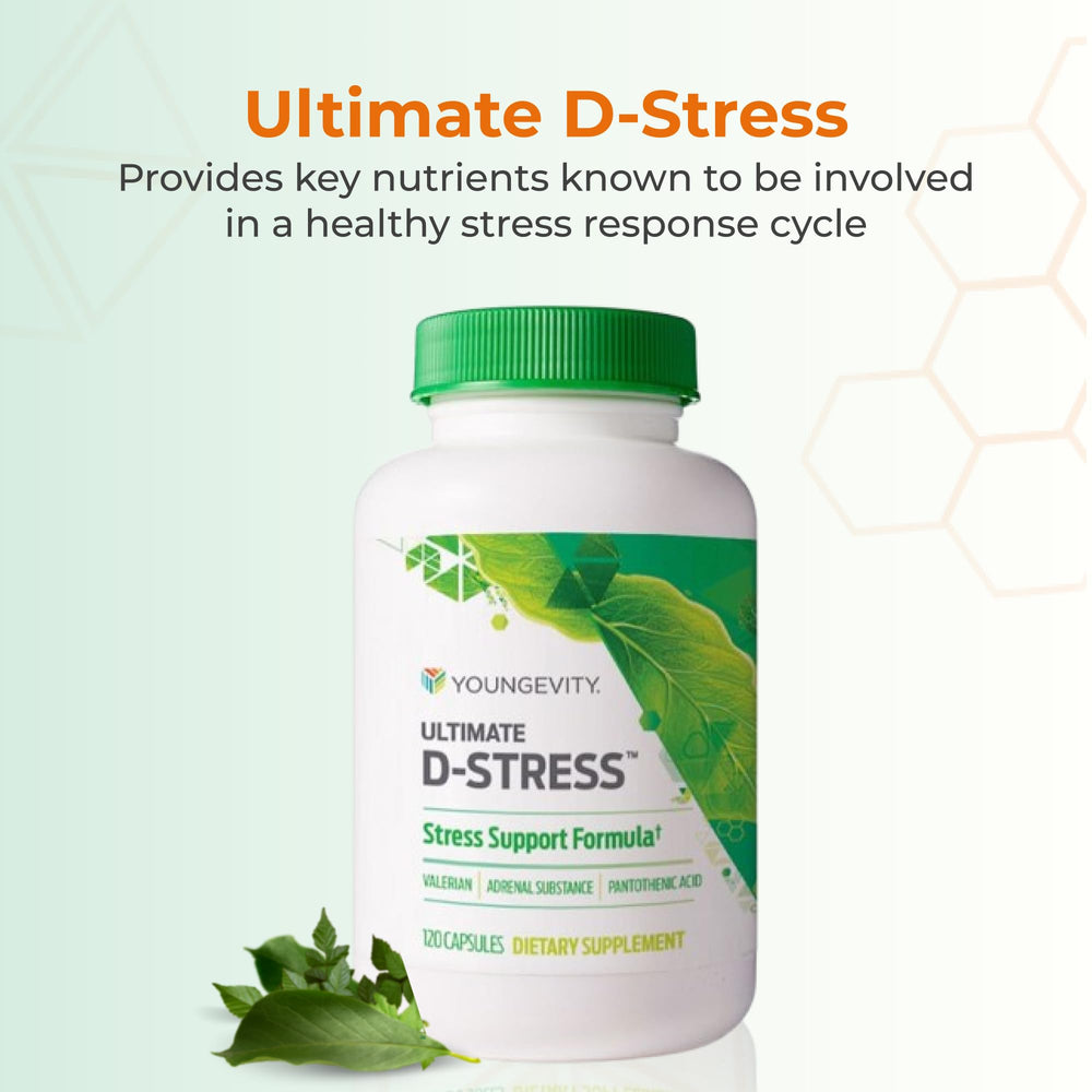 Youngevity Ultimate D-Stress capsules close-up showing valerian root and B-vitamin blend.