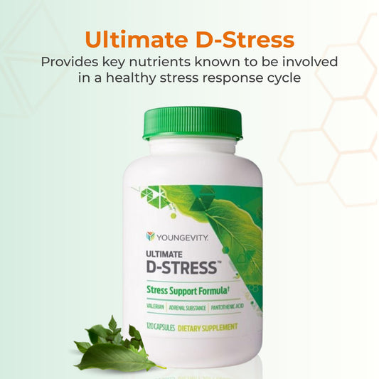 Youngevity Ultimate D-Stress capsules close-up showing valerian root and B-vitamin blend.