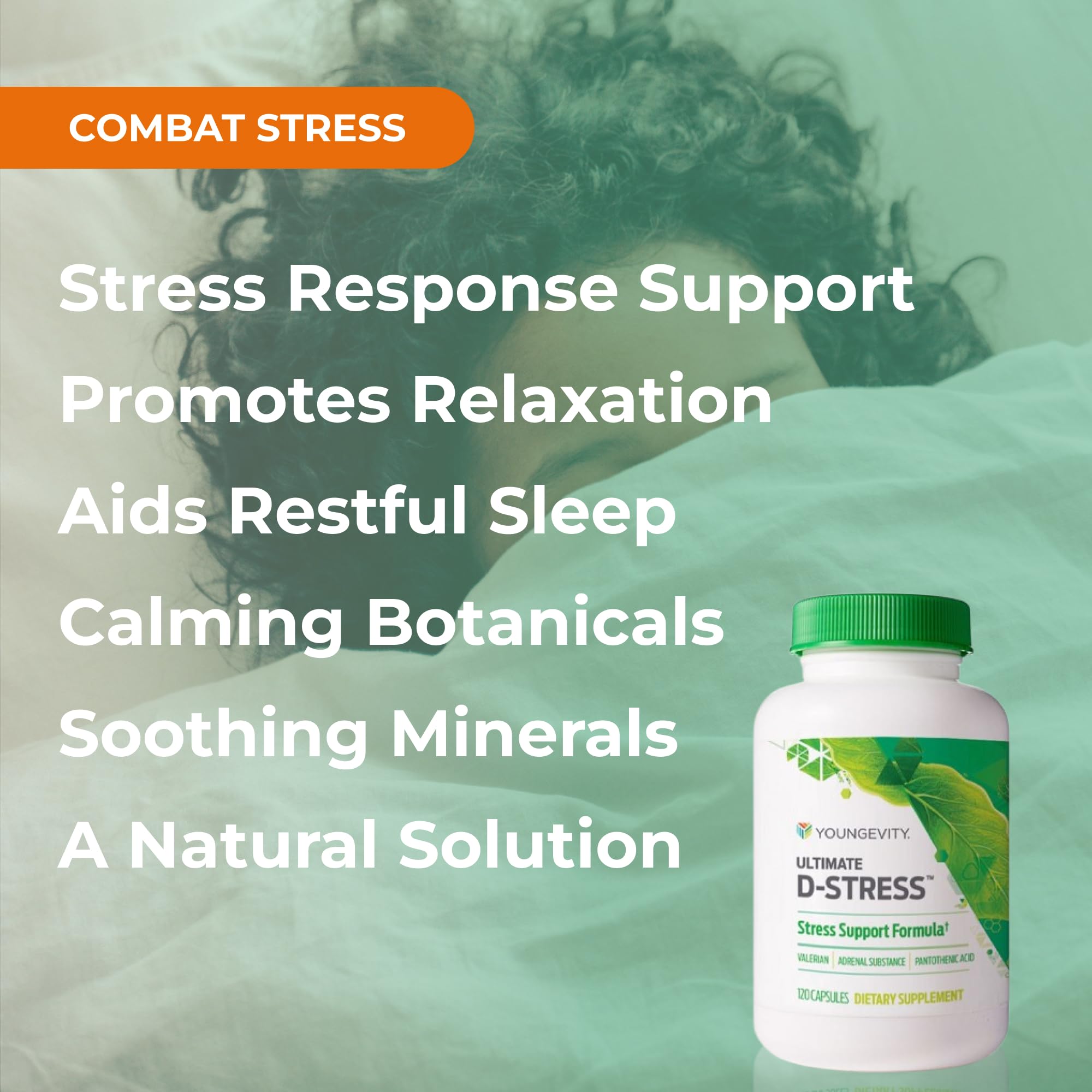 Youngevity Ultimate D-Stress bottle in a calm wellness setting.