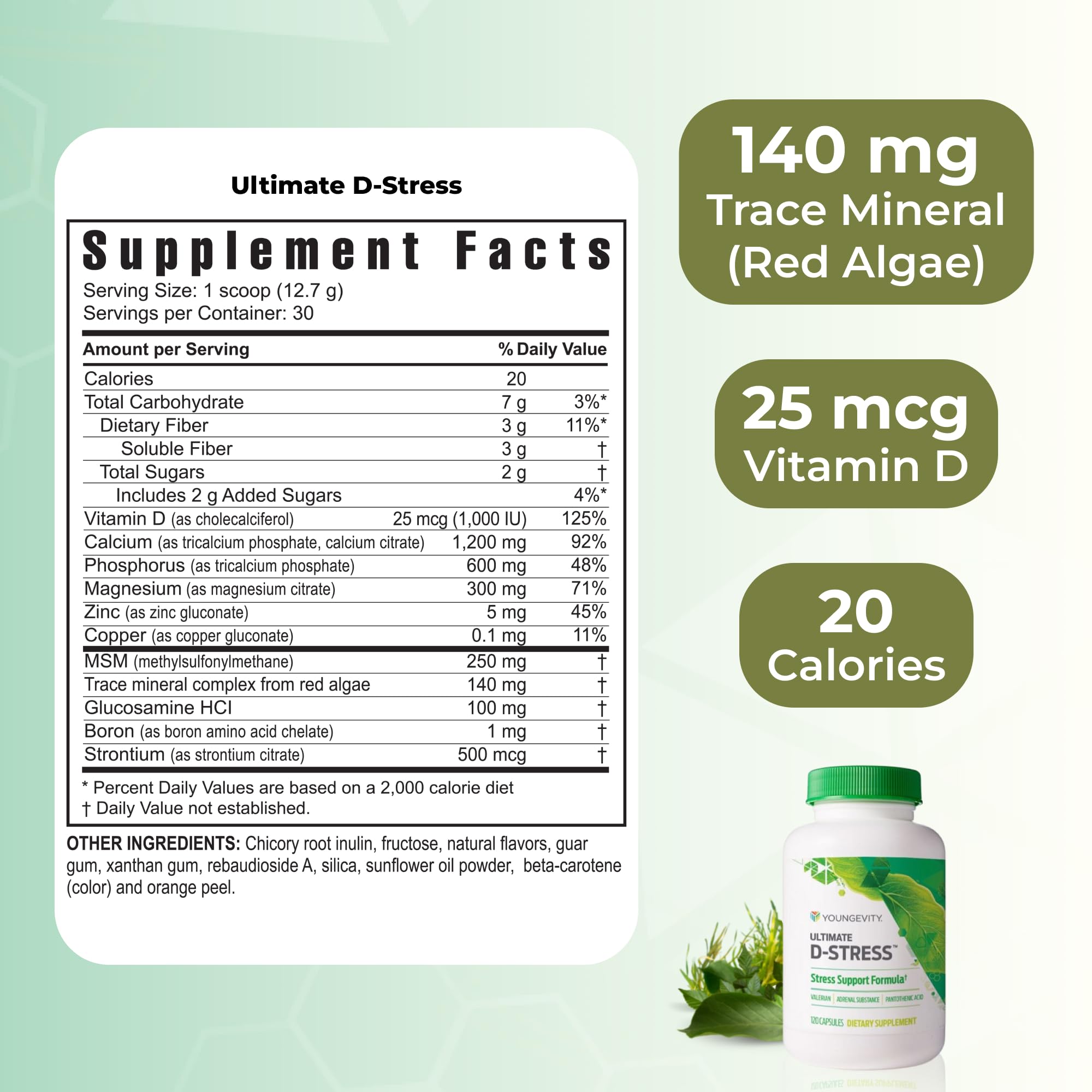 Youngevity Ultimate D-Stress label detail with ingredients and dosage information.
