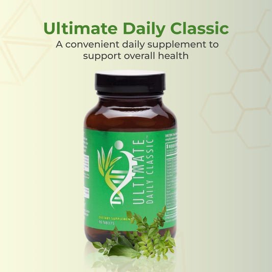 Youngevity Ultimate Daily Classic tablets closeup shows compact capsules supporting broad nutrient needs.