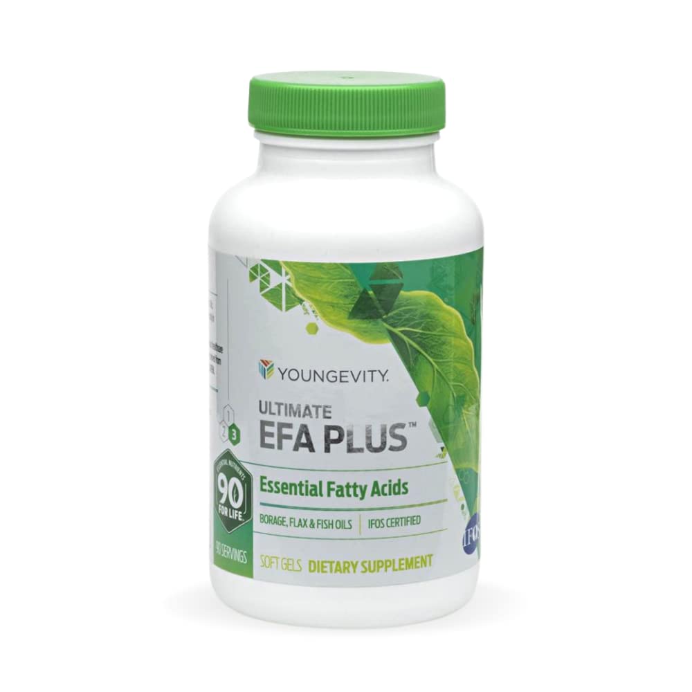 Youngevity Ultimate EFA Plus bottle label close-up highlighting omega fats for heart and brain support.