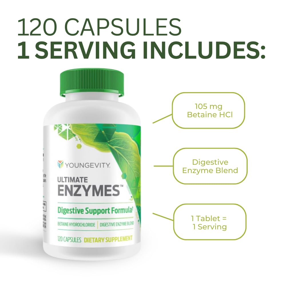 Youngevity Ultimate Enzymes label detail highlights Ox Bile and Pepsin components for digestive wellness.